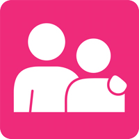 Pink icon of a person putting their hand on another person's shoulder.