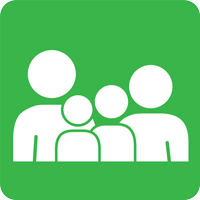 Green icon of a family standing together.