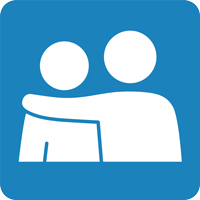 Blue icon showing one person placing their arm on another person's shoulder.