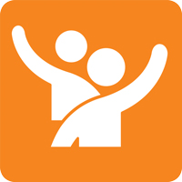 Orange icon of two people raising their hands.