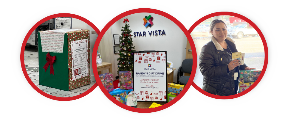 Picture of gift bin, a christmas tree, and woman holding gift cards in her hands.